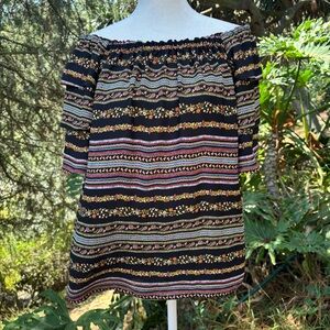 LOFT Floral Striped Off-Shoulder Top With Tiered Sleeves